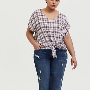 Torrid Purple & Ivory Plaid Tie Front Blouse